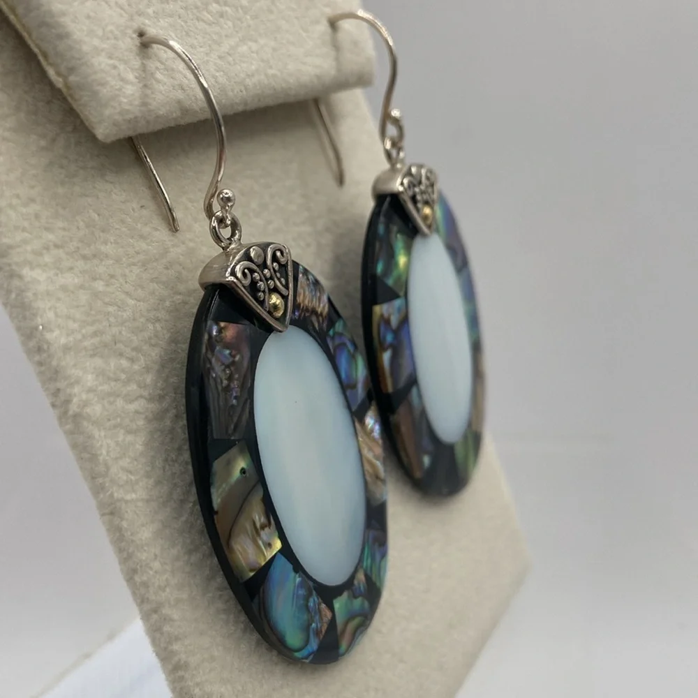 Robert Manse Sterling Silver 18K Abalone Mother of Pearl Earrings 2 1/4”L - Picture 2 of 13